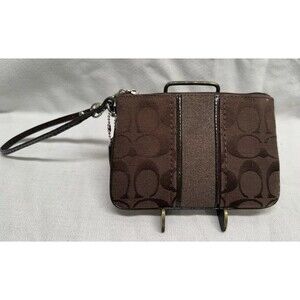 Coach Signature Stripe Chocolate Brown Wristlet Small Clutch 6” X 4” Zipper